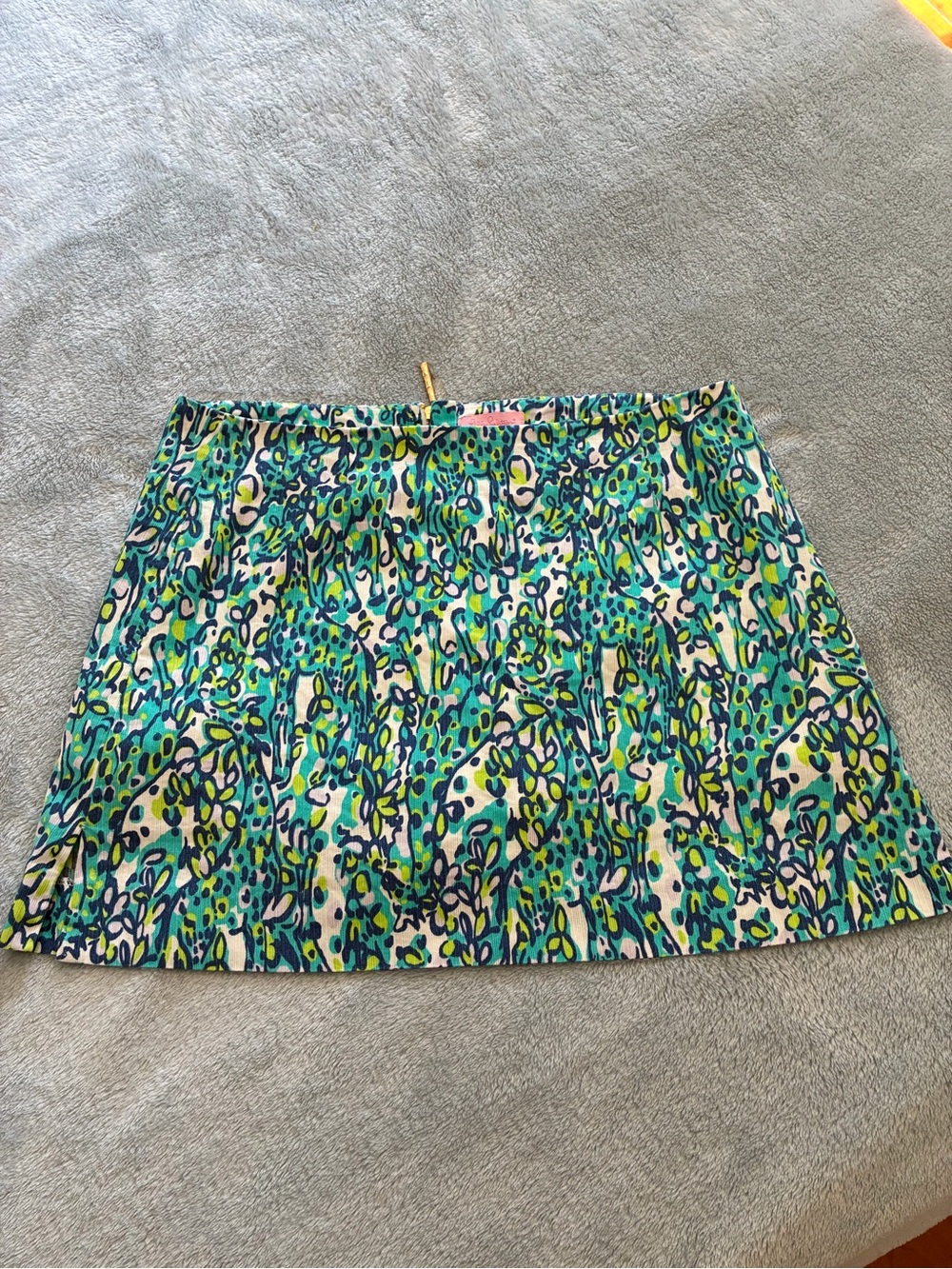 Lilly Pulitzer Mini Skirt in Teal, Green, Navy Print with cotton shorts beneath
